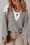 Textured Striped Button Tab V Neck Top