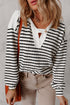 Textured Striped Button Tab V Neck Top