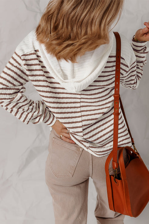 Textured Striped Button Tab V Neck Top