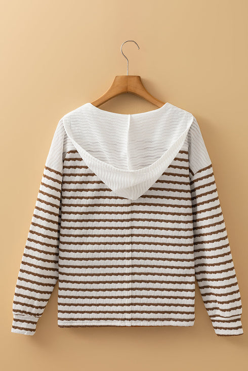 Textured Striped Button Tab V Neck Top