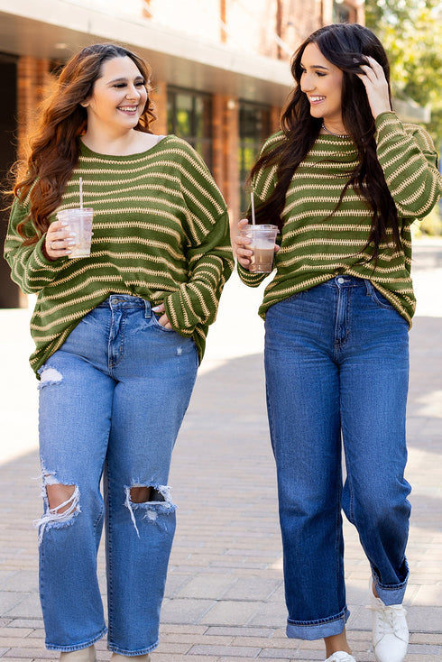 Textured Striped Drop Shoulder Relaxed Fit Pullover Sweater