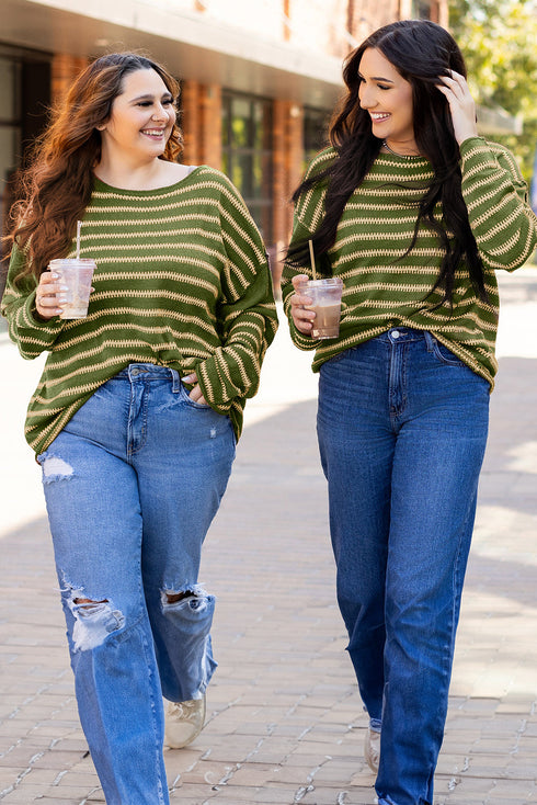 Textured Striped Drop Shoulder Relaxed Fit Pullover Sweater