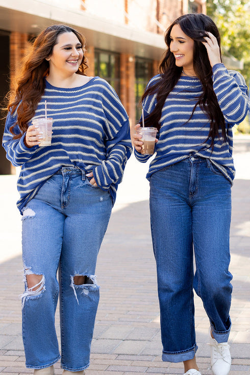 Textured Striped Drop Shoulder Relaxed Fit Pullover Sweater