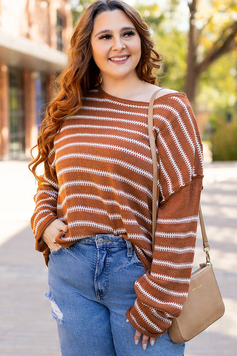 Textured Striped Drop Shoulder Relaxed Fit Pullover Sweater
