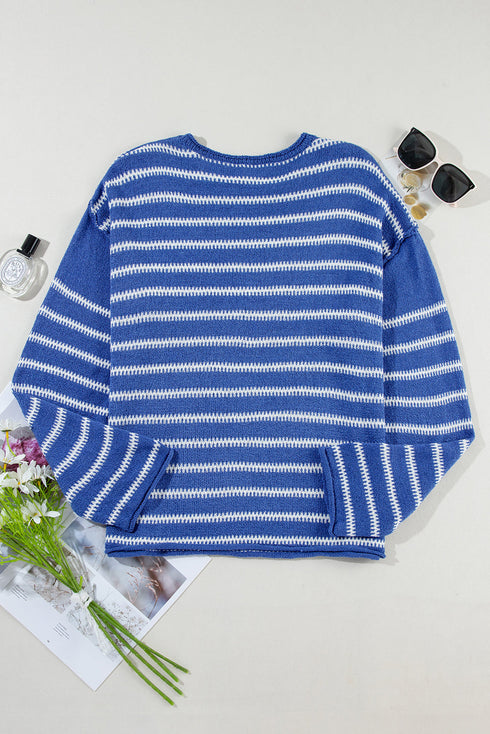 Textured Striped Drop Shoulder Relaxed Fit Pullover Sweater