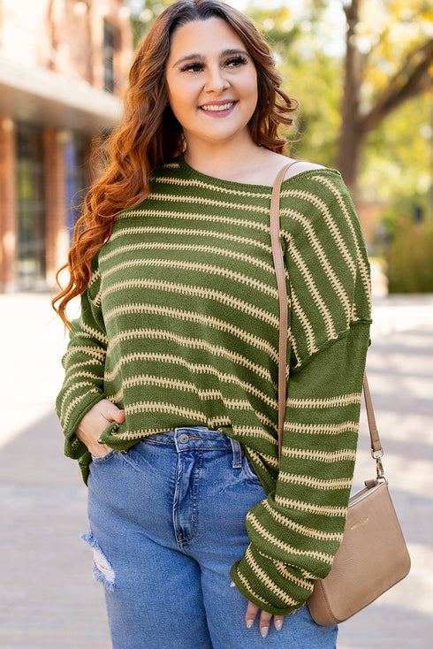Textured Striped Drop Shoulder Relaxed Fit Pullover Sweater