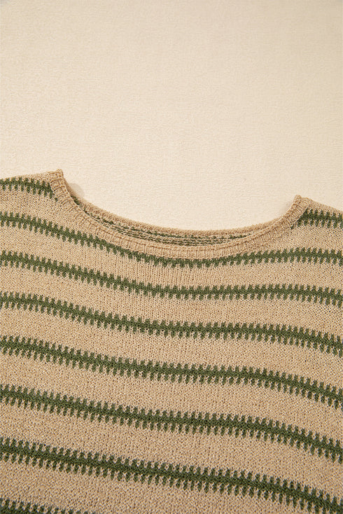 Textured Striped Drop Shoulder Relaxed Fit Pullover Sweater
