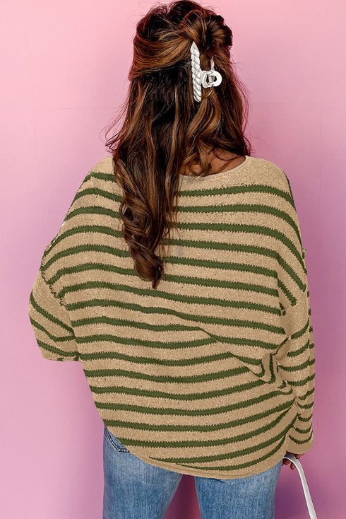 Textured Striped Drop Shoulder Relaxed Fit Pullover Sweater