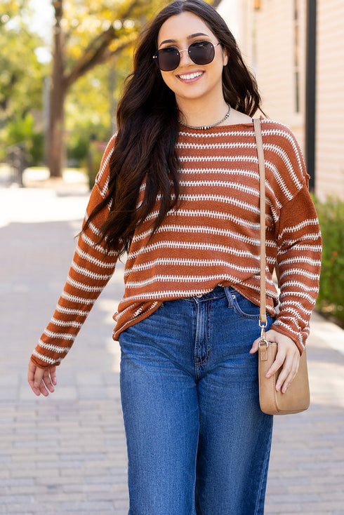 Textured Striped Drop Shoulder Relaxed Fit Pullover Sweater