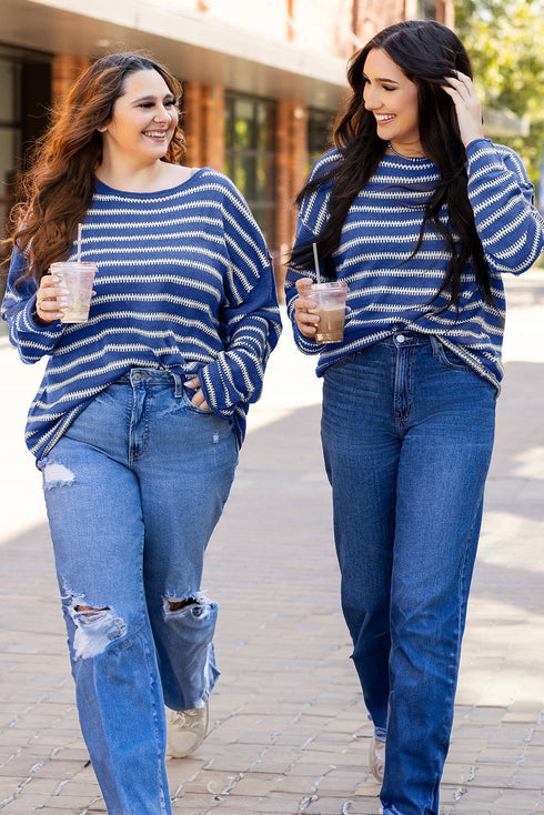 Textured Striped Drop Shoulder Relaxed Fit Pullover Sweater