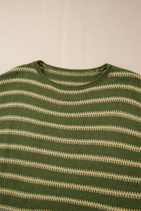 Textured Striped Drop Shoulder Relaxed Fit Pullover Sweater