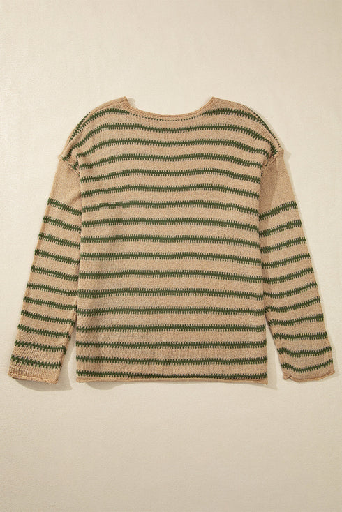 Textured Striped Drop Shoulder Relaxed Fit Pullover Sweater