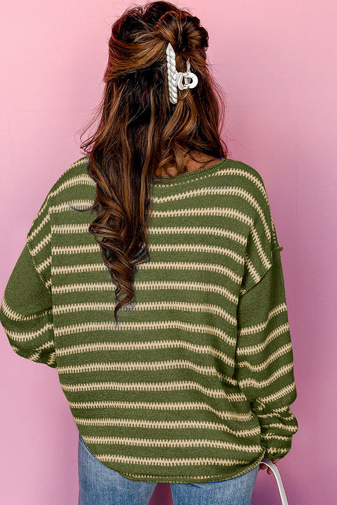 Textured Striped Drop Shoulder Relaxed Fit Pullover Sweater