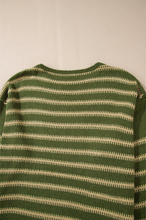 Textured Striped Drop Shoulder Relaxed Fit Pullover Sweater