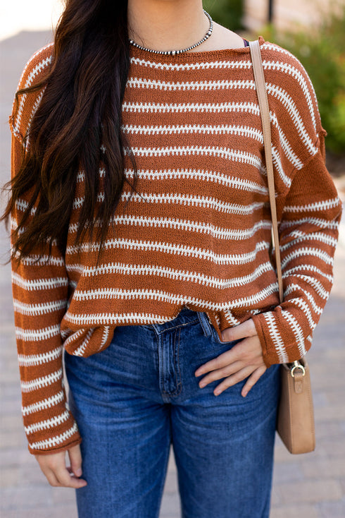 Textured Striped Drop Shoulder Relaxed Fit Pullover Sweater