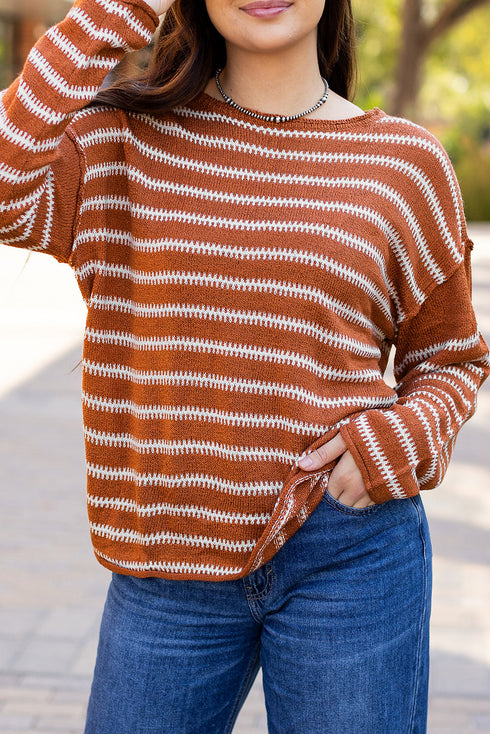 Textured Striped Drop Shoulder Relaxed Fit Pullover Sweater