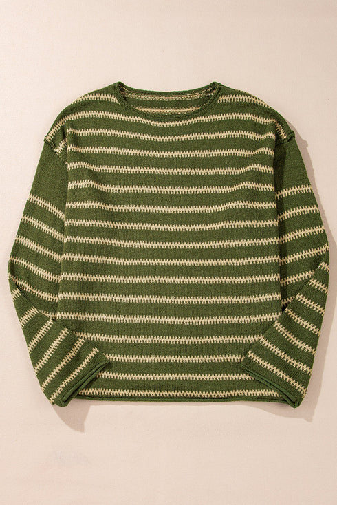 Textured Striped Drop Shoulder Relaxed Fit Pullover Sweater