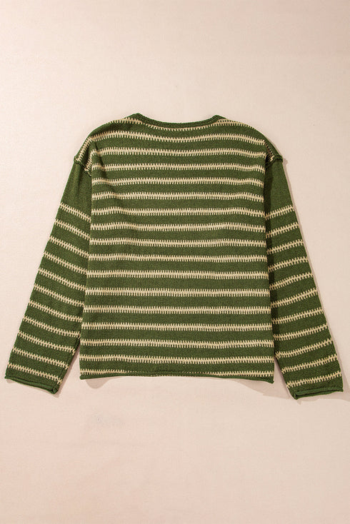 Textured Striped Drop Shoulder Relaxed Fit Pullover Sweater