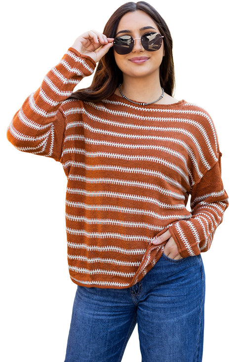 Textured Striped Drop Shoulder Relaxed Fit Pullover Sweater