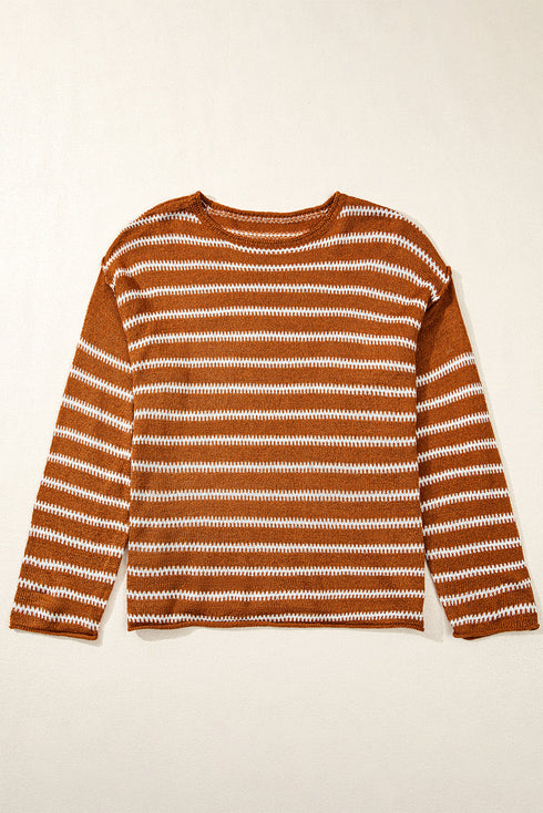 Textured Striped Drop Shoulder Relaxed Fit Pullover Sweater