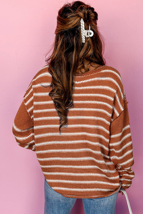 Textured Striped Drop Shoulder Relaxed Fit Pullover Sweater