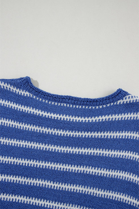 Textured Striped Drop Shoulder Relaxed Fit Pullover Sweater