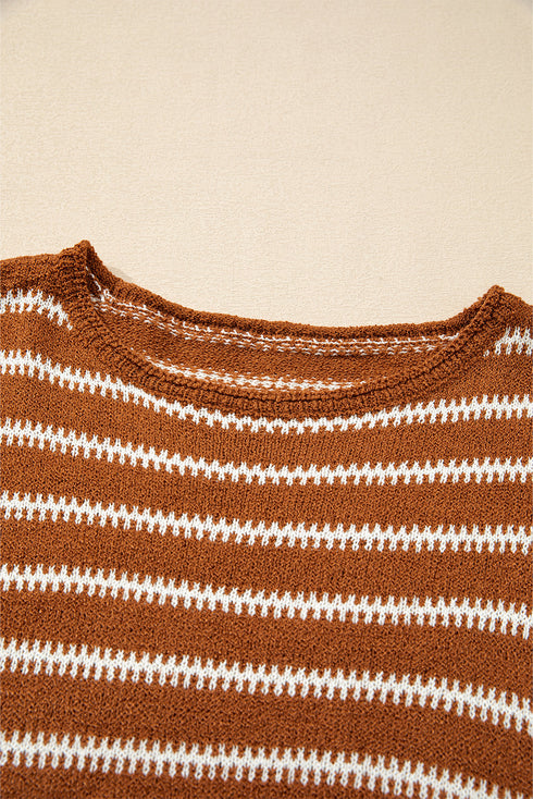 Textured Striped Drop Shoulder Relaxed Fit Pullover Sweater