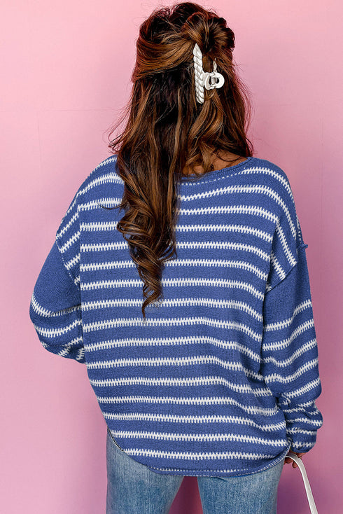Textured Striped Drop Shoulder Relaxed Fit Pullover Sweater
