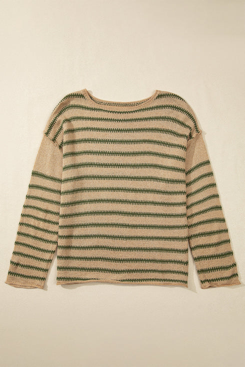 Textured Striped Drop Shoulder Relaxed Fit Pullover Sweater