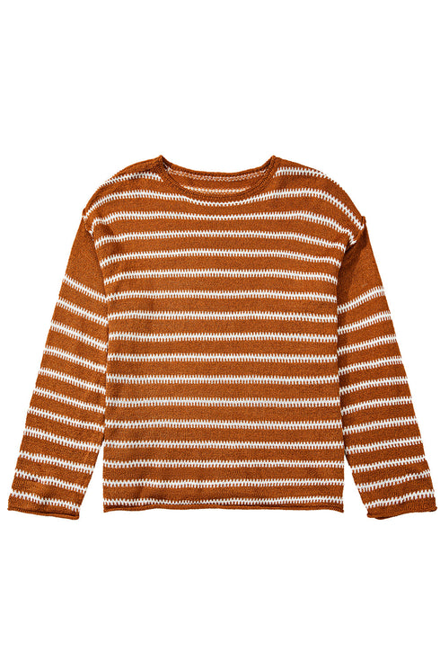 Textured Striped Drop Shoulder Relaxed Fit Pullover Sweater