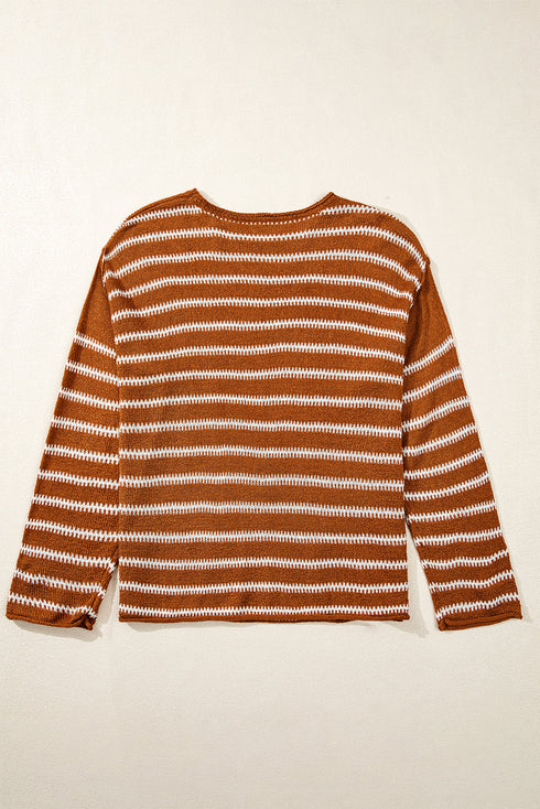 Textured Striped Drop Shoulder Relaxed Fit Pullover Sweater