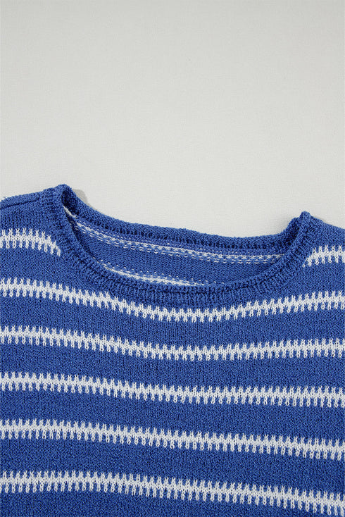 Textured Striped Drop Shoulder Relaxed Fit Pullover Sweater