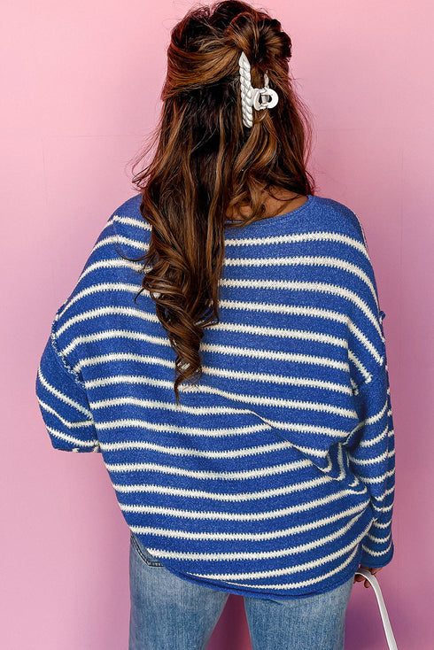 Textured Striped Drop Shoulder Relaxed Fit Pullover Sweater