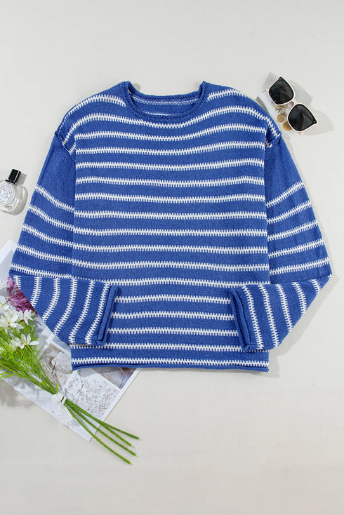 Textured Striped Drop Shoulder Relaxed Fit Pullover Sweater