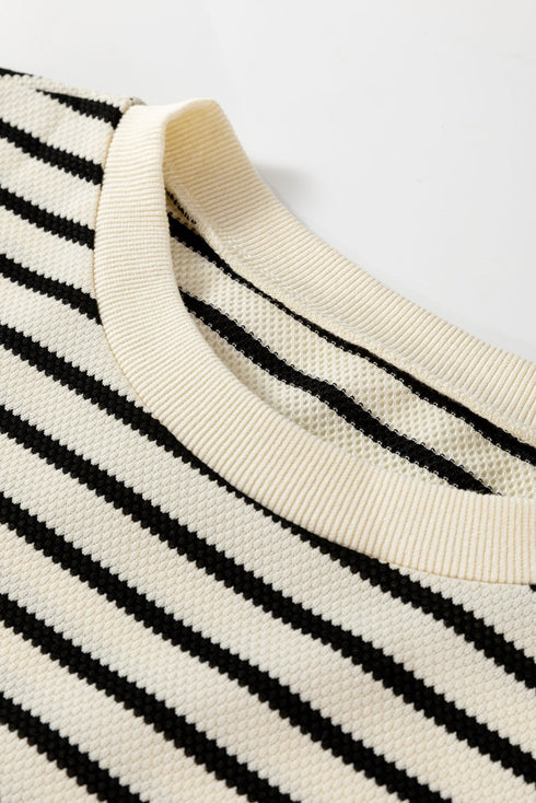 Textured Striped Eyelet Trim Ruffled Short Sleeve Top