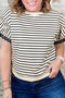 Textured Striped Eyelet Trim Ruffled Short Sleeve Top