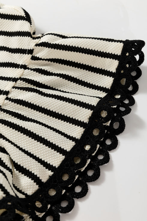 Textured Striped Eyelet Trim Ruffled Short Sleeve Top
