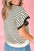 Textured Striped Eyelet Trim Ruffled Short Sleeve Top