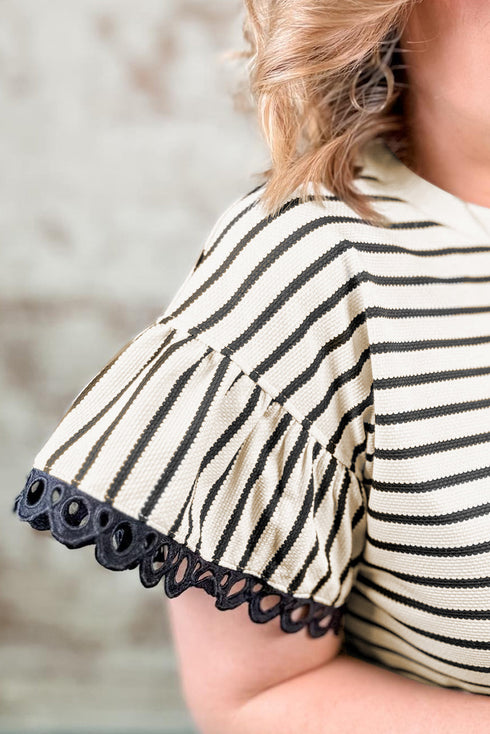 Textured Striped Eyelet Trim Ruffled Short Sleeve Top