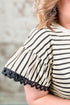 Textured Striped Eyelet Trim Ruffled Short Sleeve Top