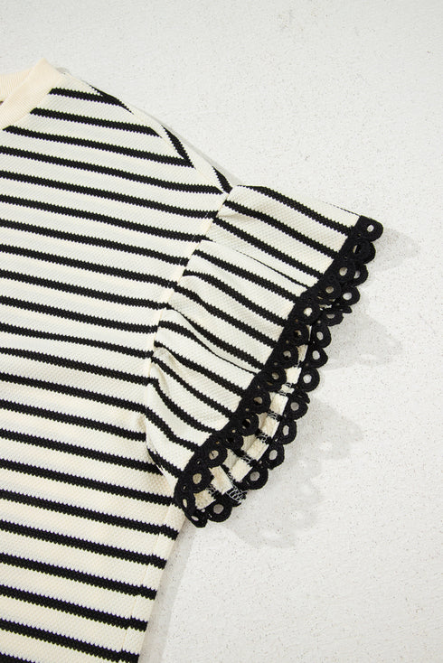 Textured Striped Eyelet Trim Ruffled Short Sleeve Top