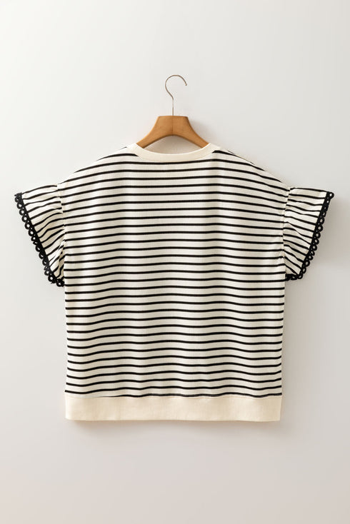 Textured Striped Eyelet Trim Ruffled Short Sleeve Top