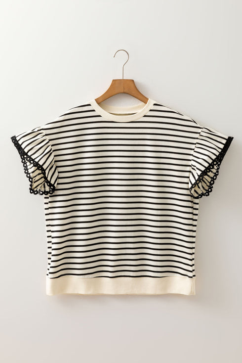 Textured Striped Eyelet Trim Ruffled Short Sleeve Top