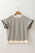 Textured Striped Eyelet Trim Ruffled Short Sleeve Top