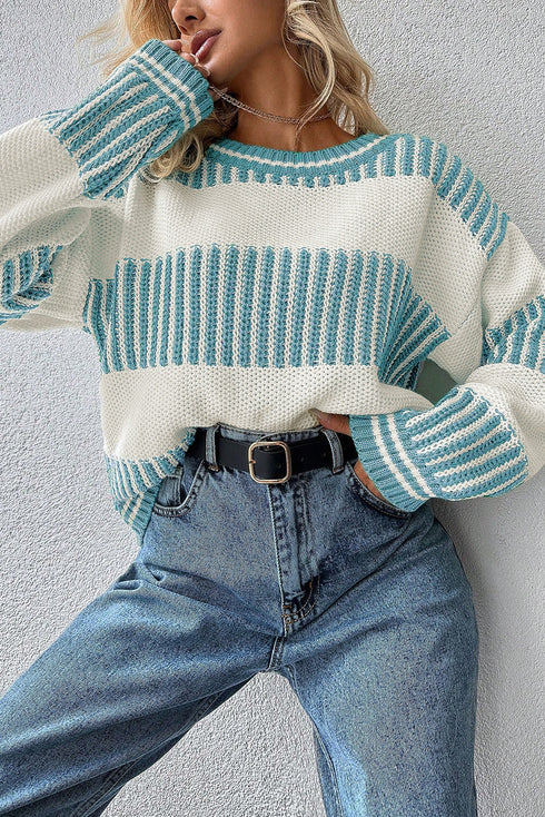 Textured Striped Long Sleeve Crew Neck Sweater