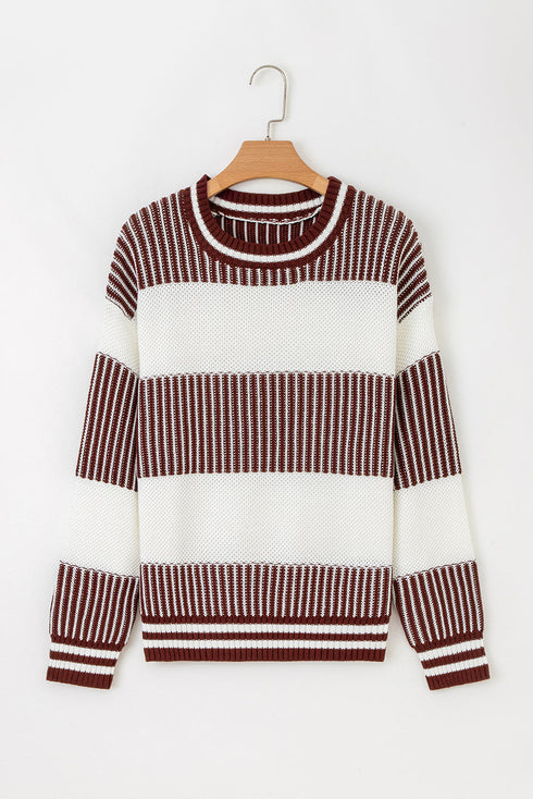 Textured Striped Long Sleeve Crew Neck Sweater