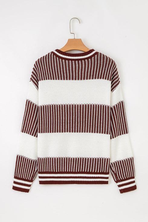 Textured Striped Long Sleeve Crew Neck Sweater