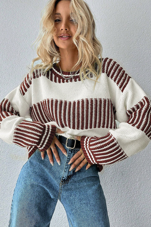 Textured Striped Long Sleeve Crew Neck Sweater
