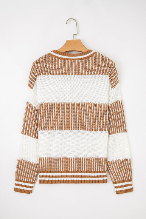 Textured Striped Long Sleeve Crew Neck Sweater