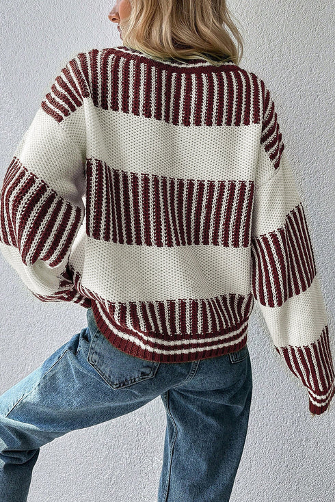 Textured Striped Long Sleeve Crew Neck Sweater